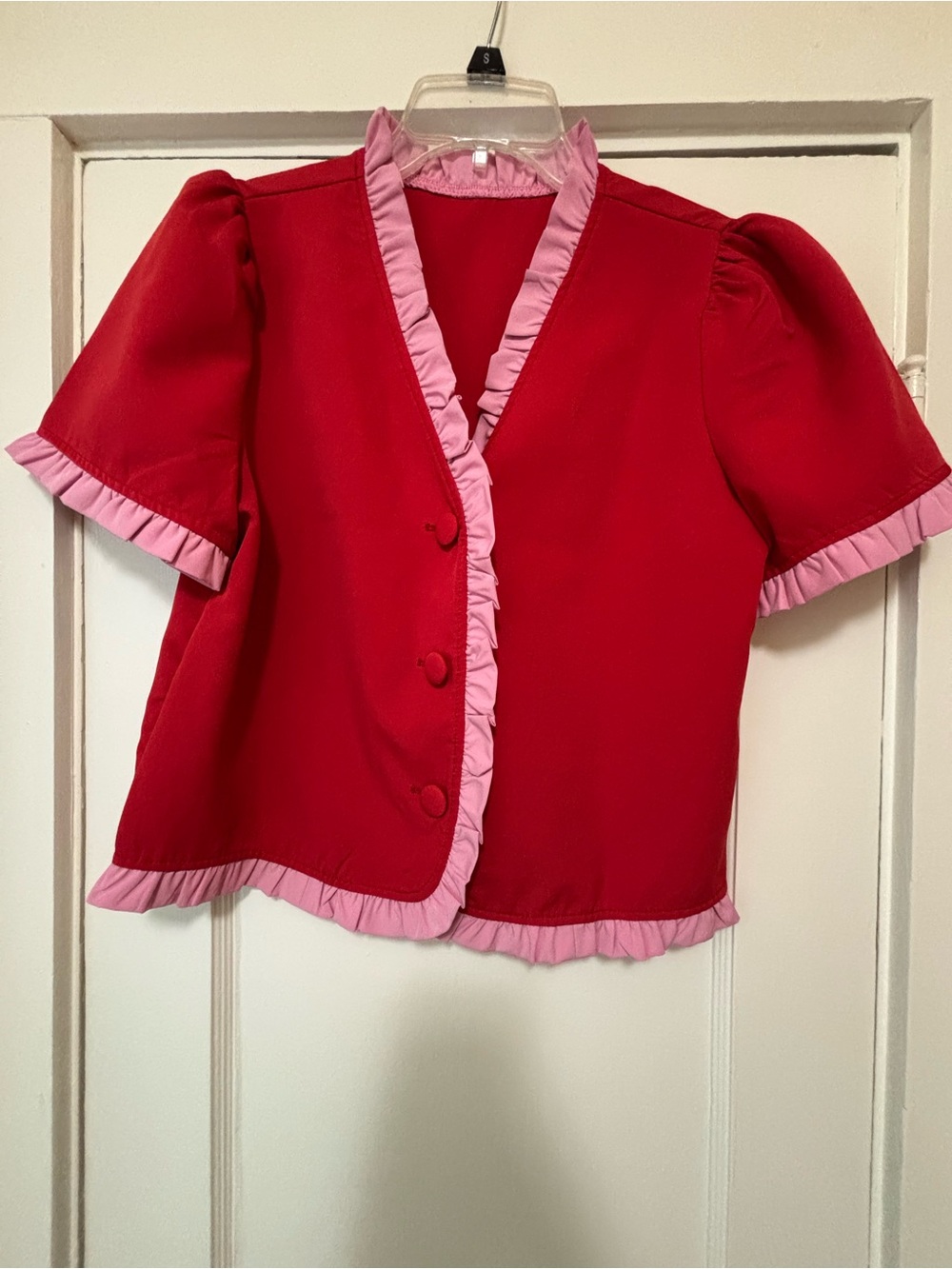 Red and Pink Ruffle-Trim Short Sleeve Top